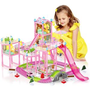 Princess Doll House for Girls, Dream Dollhouse with Track Car Toy Set, Dolls, Pets, Lights, Furniture and Accessories, Toddler Doll House Playset Gifts for 3 4 5 6 7 8 9 10+ Year Old Girls Toys, Pink (Style 2)
