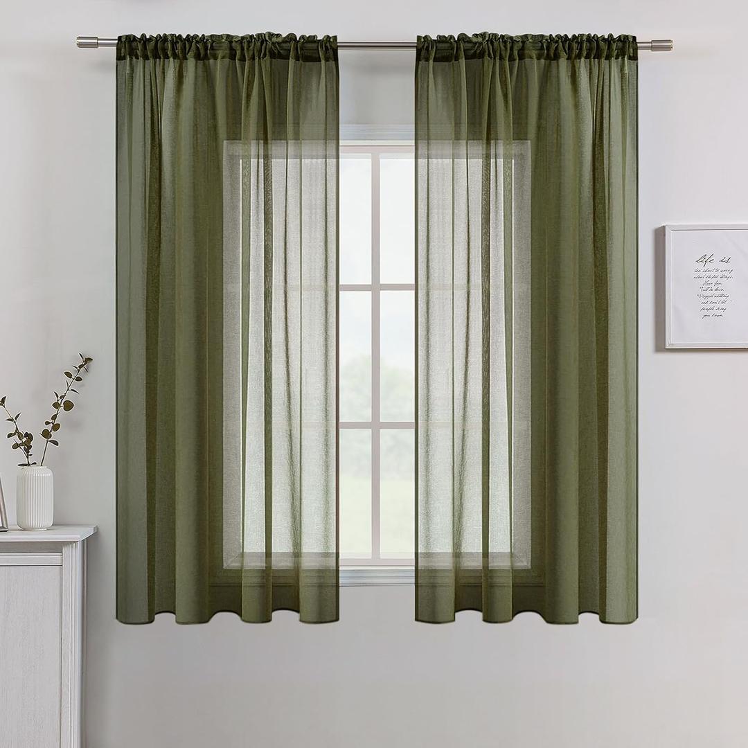 MIULEE Olive Green Sheer Curtains Linen Textured 63 Inches Long 2 Panels for Bedroom Living Room, Semi Transparent Farmhouse Rod Pocket Light Filtering Voile Window Drapes, W 42 x L 63 inch Length