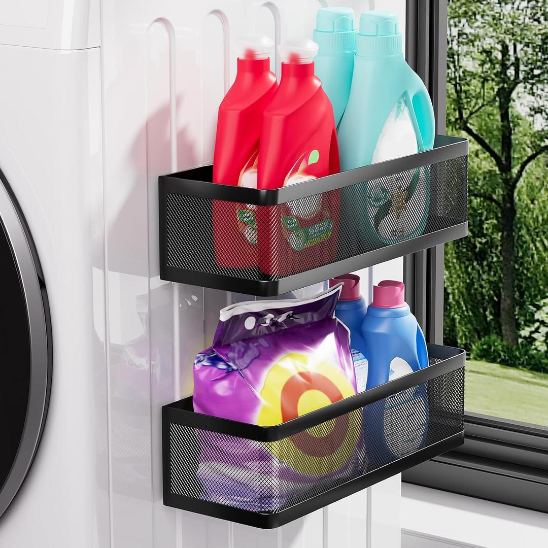 2-Pack Laundry Room Organization, Magnetic Shelves with Tall Guardrails to Prevent Falling - Strong Magnet Organizer for Washing Machine, Refrigerator, Kitchen & Pantry