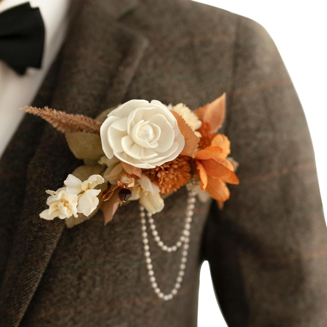 Ling's moment Pocket Boutonniere Single, Boutonniere for Men Groom for Wedding, Prom, Homecoming, Anniversary, Graduation, etc.Rust Boho Sola Wood, 6" W x 5" H
