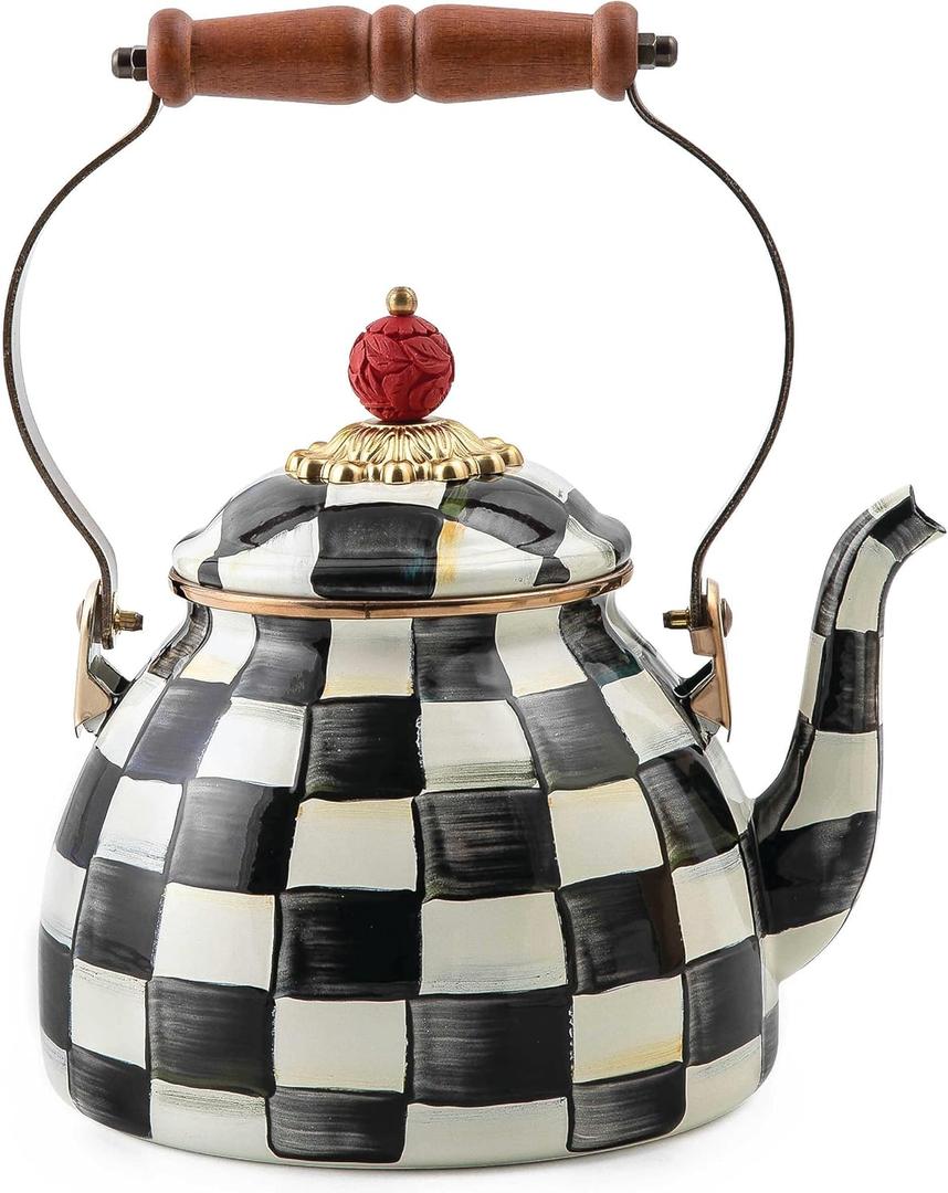 MACKENZIE-CHILDS Enamel Tea Kettle, Stylish Tea Kettle for Stovetop, Black-and-White Courtly Check, 2 Quarts (2 Quarts, Courtly Check)