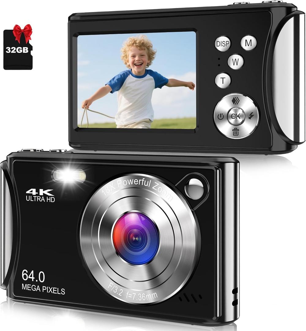 Digital Camera, UHD 4K 64MP Point and Shoot Digital Cameras Compact Camera for Kids with 18X Digital Zoom 32GB SD Card, Anti-Shake with Tripod, Small Gift for Boys Girls Teens Beginner, Black