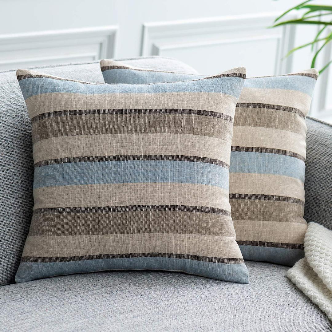 2 Pieces Decorative Classic Retro Stripe Throw Pillow Cover Wite Hidden Zipper Soft Linen Modern Farmhouse Cushion Case for Sofa Bedroom Car 20 x 20 Inch Grey Blue Mixed