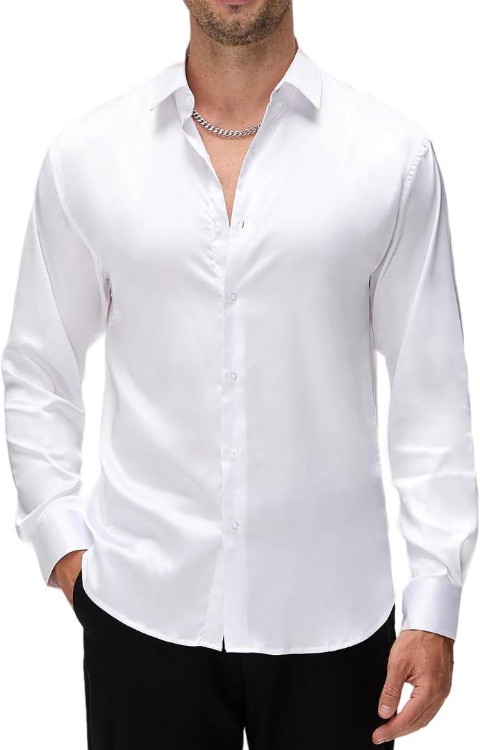 Alex Vando Mens Luxury Satin Dress Shirt Long Sleeve Silk Shiny Sateen Party Shirt (White, M)