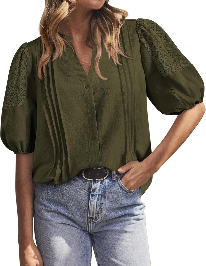 BTFBM Women's Lace Puff Sleeve Tops 2025 Summer V Neck Casual Button Down Shirts Loose Dressy Work Business Blouse Top (Army Green, Small)