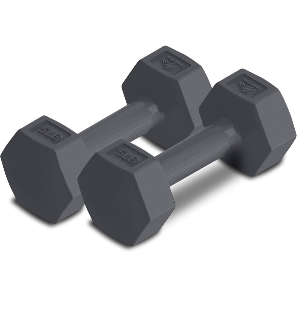 RBX Vinyl Coated Hand Weight Dumbbell Set - Hex Shaped, Roll Free for Body Building/Sculpting/Strength Training Exercise, (Set of 2) 5Lb