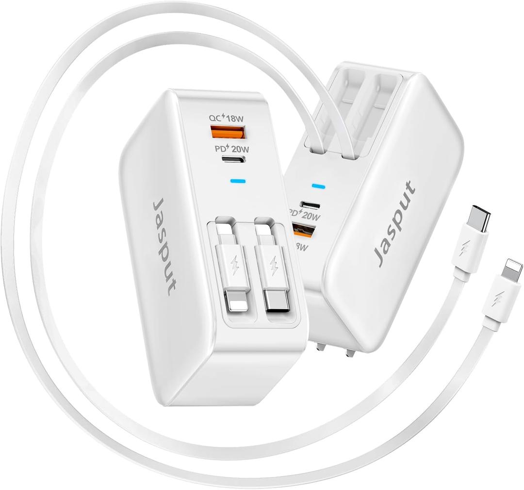 Jasput 4 in 1 Retractable Wall Charger with Dual Cables, 40W Retractable Phone Charger Wall Plug with Dual USB Ports, 20W USB C Chargers Block Fast Charging for iPhone 17 16 15 14 13, LG, Galaxy S24 23, Pixel (White)
