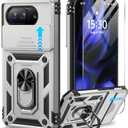 Taisairu for Google Pixel 9A Case with Screen Protector & Slide Camera Lens Cover, Built-in 360°Rotate Magnetic Ring Stand Shockproof Protective Phone Case for Google Pixel 9A Case (Silver)
