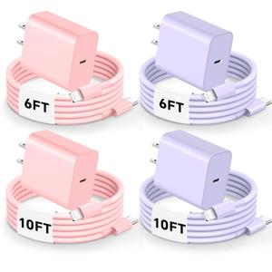 Riofxqin Phone Charger Fast Charging, 4 Pack USB C Wall Charger, 20W Type C Wall Charger Block with 10FT/6FT USB C to Lightniing Cable for Phone 14/13/12/11 Pro Max/Xs Max/XR/X,Ipad - Purple Pink