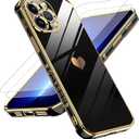LeYi for iPhone 13 Pro Max Case: with Tempered Glass Screen Protector [2 Pcs]+ Full Camera Lens Protection,Love Heart Plating Women Cute Luxury Soft TPU Shockproof Case for 13 Pro Max,Black 3Pcs