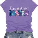 Easter Shirts for Women Happy Easter Day T-Shirt Leopard Plaid Letter Print Tee Tops (Purple, L)