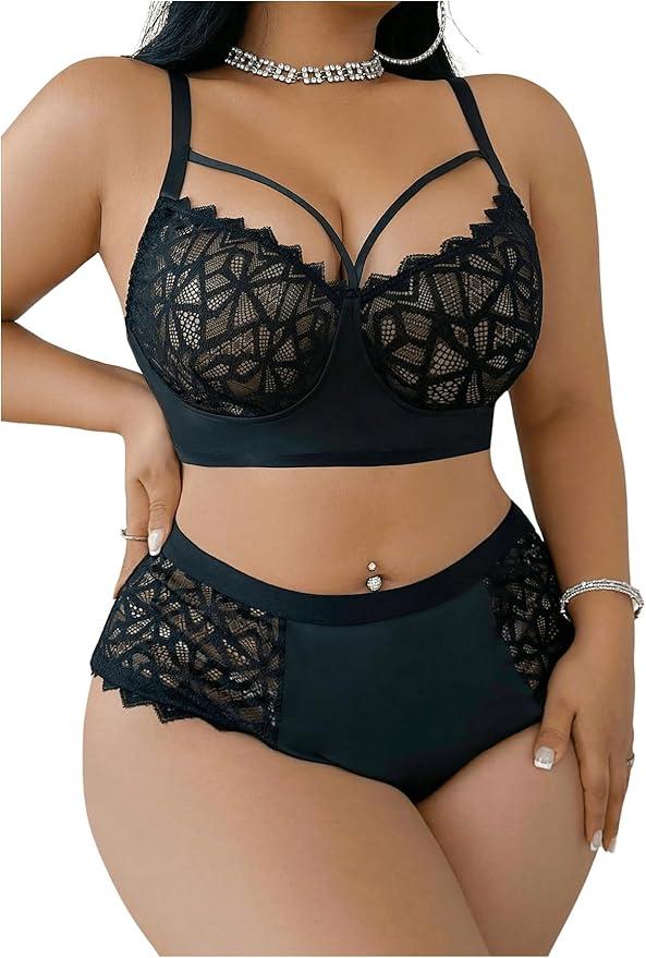 MakeMeChic Women's Plus Size Lingerie Sets Contrast Lace Cut Out Wireless Bra and Panty Set 2XL