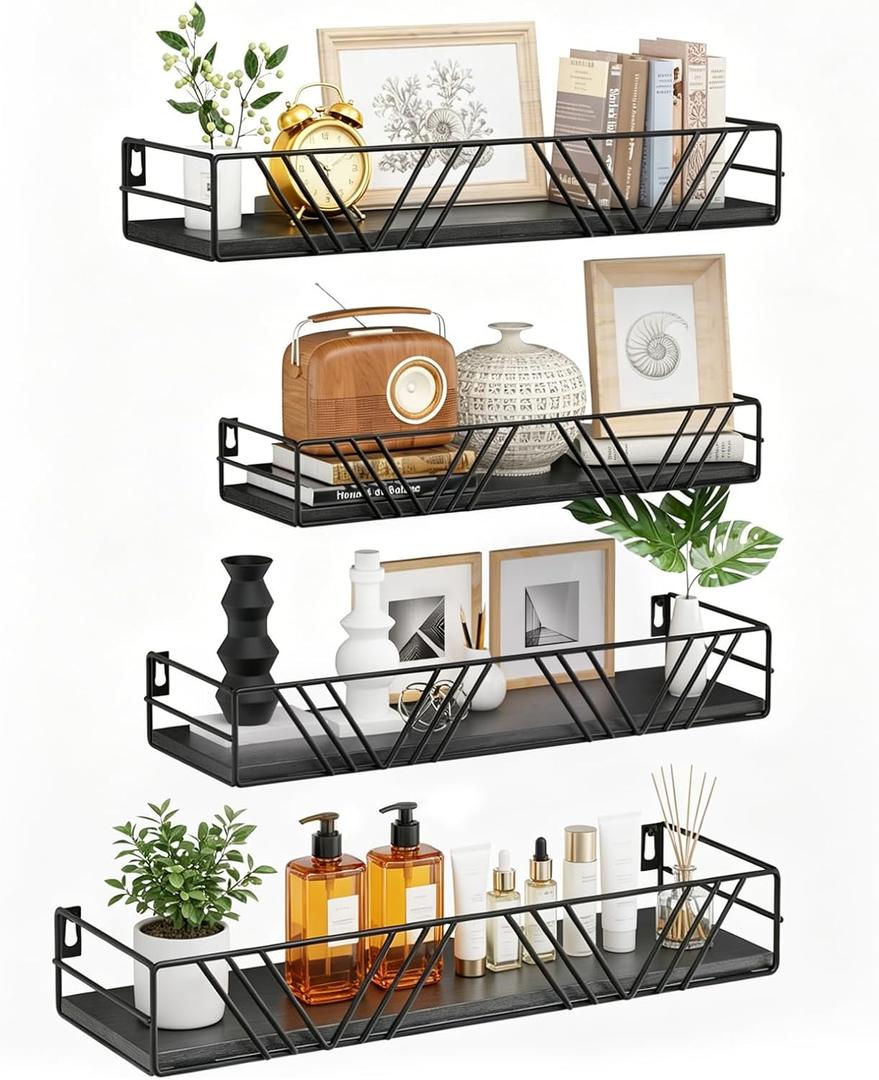 Floating Shelves for Wall, 4 Sets Rustic Wall Mounted Shelves with Metal Frame, Hanging Storage Shelf Set for Bedroom, Living Room, Bathroom, Kitchen, Home Decor, Black