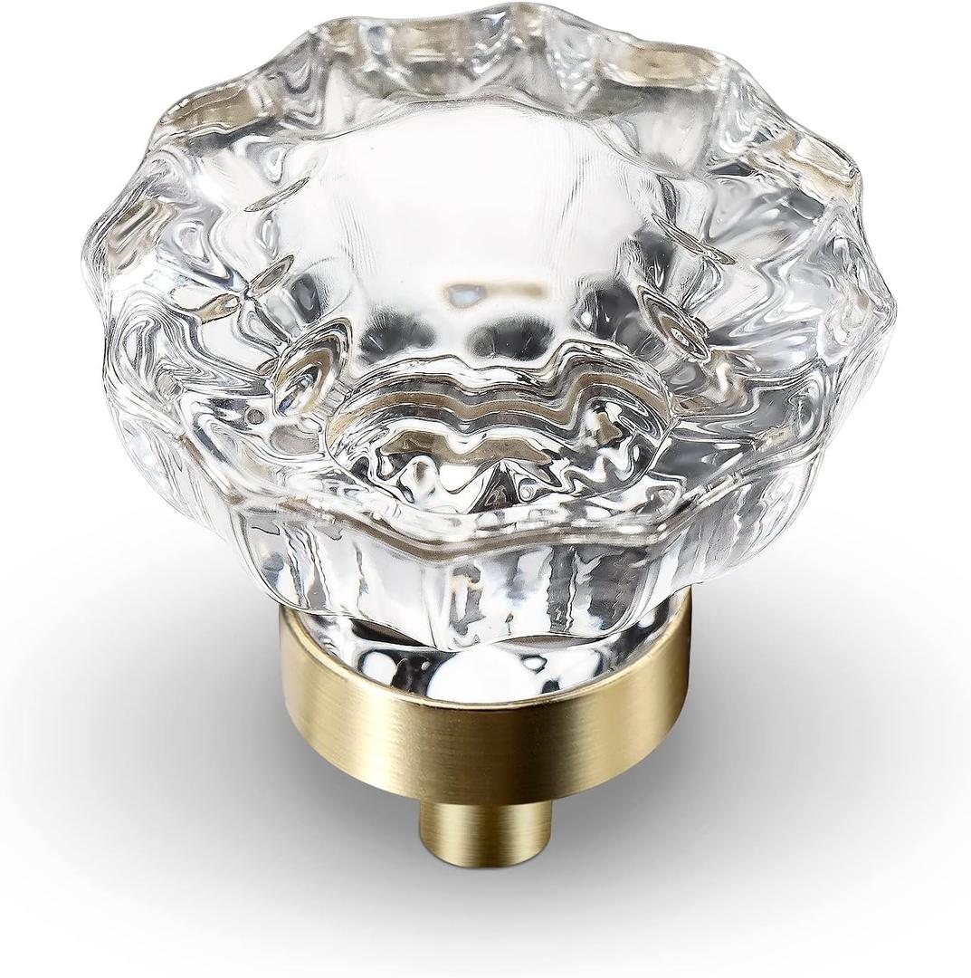 Crystal Cabinet Knobs, 8 Pack Gold Drawer Dresser Knobs, Single Hole Vintage Dresser Pulls for Cupboard, Closet, Bathroom, Dresser, Drawers, Retro Round Flower Design (Brass)