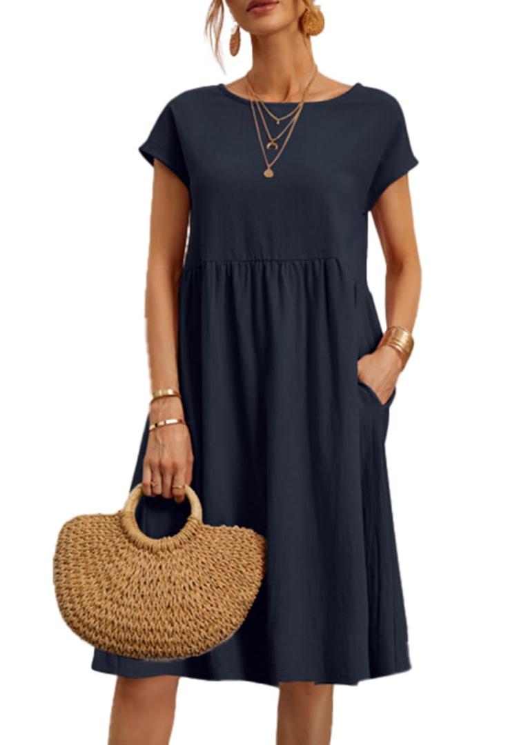 Women's Dress 2024 Casual Summer Cotton Dress with Pockets Short Sleeve Loose Midi Shirt Dress