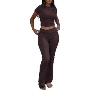 ZFLM Casual Workout Two Piece Outfits for Women Short Sleeve Crop High Waist Foldover Flare Pants Tracksuit Sets Streetwear (X-Large, Coffee)