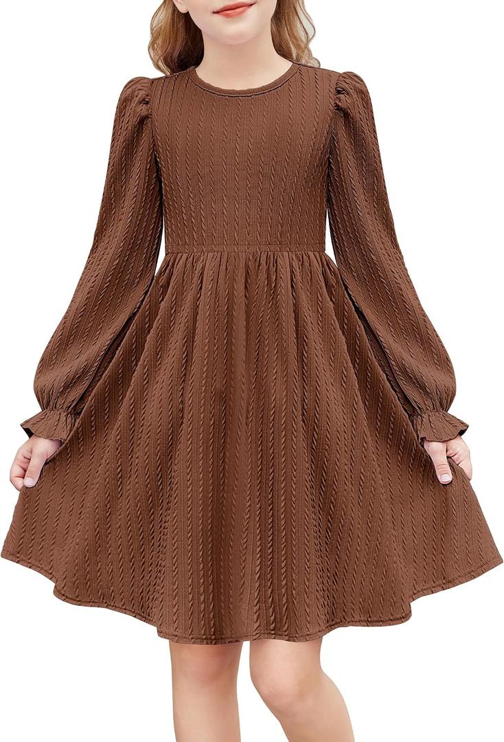 Arshiner Girls Knit Dresses Puff Long Sleeve Fall Winter Casual Holiday Sweater Dress with Pockets (Brown, S)