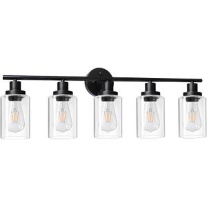 Unicozin Modern Bathroom Light Fixtures, 5 Light Vanity Lights, Black Wall Lamp with Clear Glass for Bathroom, Mirror, Living Room, Bedroom, Hallway, E26 Base