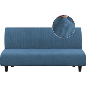 Turquoize Stretch Futon Cover Armless Sofa Cover Sofa Bed Slipcover Futon Couch Cover Furniture Protector with Elastic Bottom Feature Thick Soft Checked Jacquard Fabric, Dusty Blue