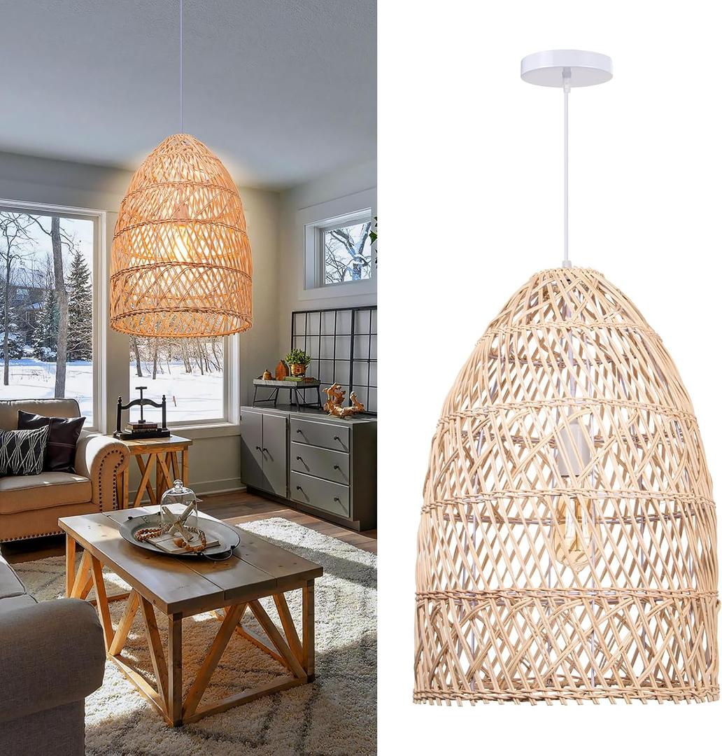 Arturesthome Natural Rattan Pendant Light, Woven Lantern Chandelier Pendant Lamp Shade, Hanging Ceiling Light, Handmade Lampshade for Kitchen Island Hallway Foyer, 13.7" * 19.68"