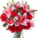 Hotop 20 Pcs Artificial Flowers Velvet Realistic Roses and Latex Lilies Flowers Bouquet Decorations Arrangements for Home Table Centerpieces Wedding Decor(Pink, Red)