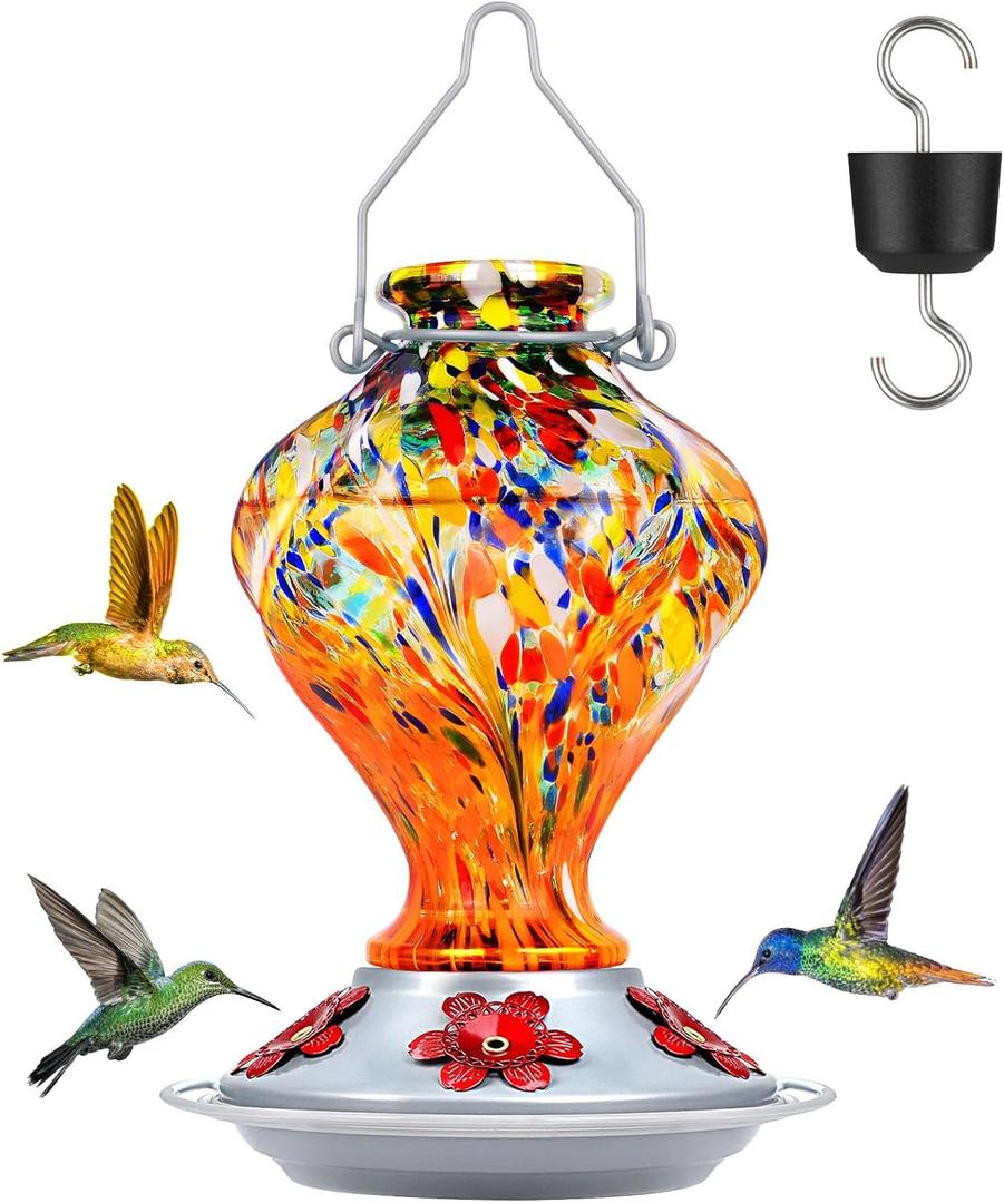 Hummingbird Feeder, BOLITE Glass Hummingbird Feeders for Outdoors Hanging, Hand Blown Twisted with Ant Moat, 5 Bee-Proof Ports, 360 Perch, Leak-Proof, 24oz, Orange, Gifts for Mom Dad Women Men