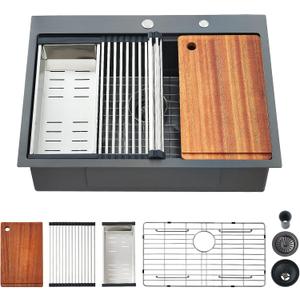 25 Kitchen Sink Drop-In Workstation, 25 x 22 Inch Gunmetal Black Stainless Steel Workstation Sink Topmount Single Bowl with Cutting Board,for Kitchen, Laundry, Utility Room