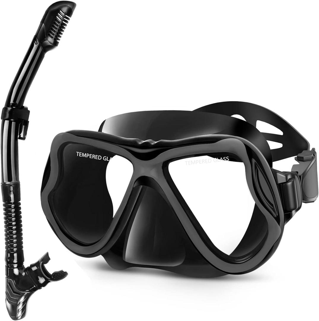 Greatever Dry Snorkel Set,Panoramic Wide View Anti-Fog Scuba Diving Mask,Professional Snorkeling Gear for Adults Kids (Small, Black)