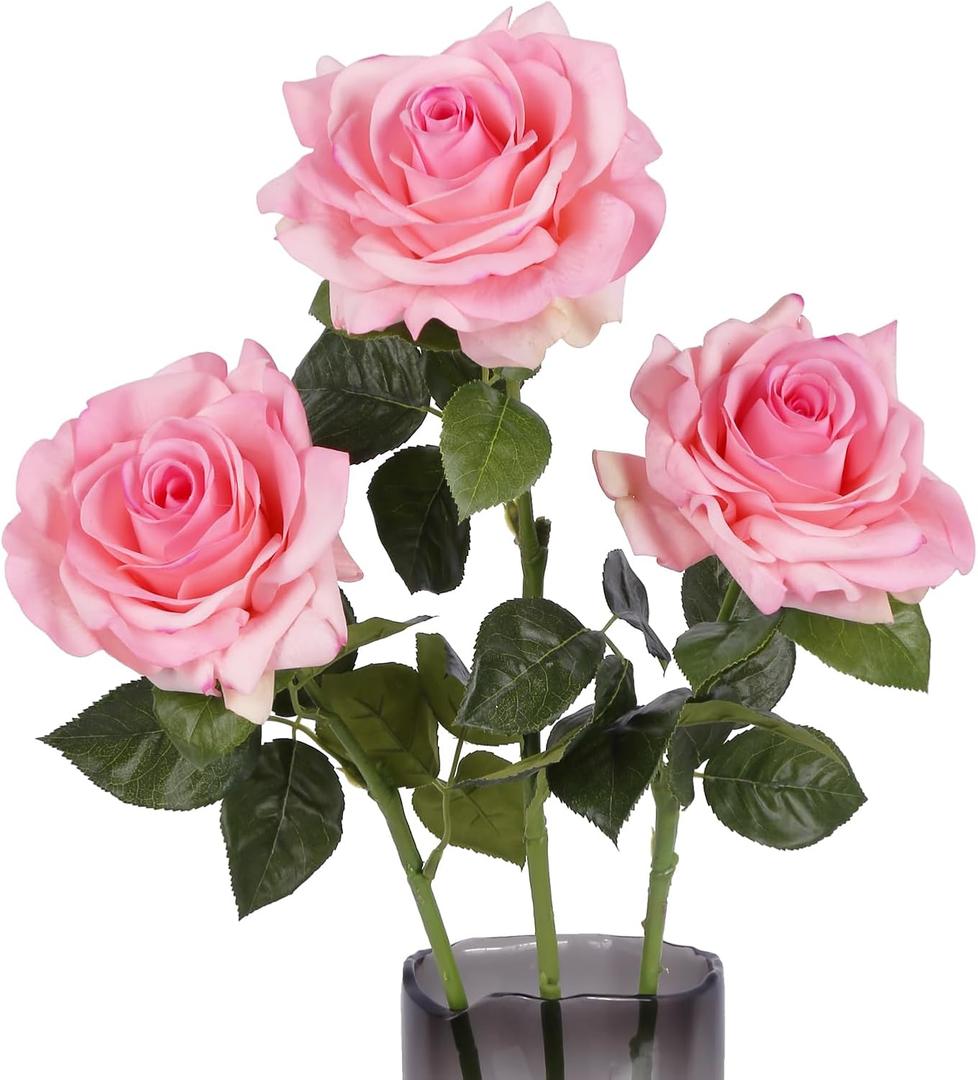 3PCS Real Touch Fake Roses Pink Flower 4.72" Large Faux Rose Realistic Artificial Flowers 25.6" Long Stem Pink Silk Rose for Wedding Table Centerpieces Home Party Decoration (Pink)