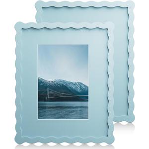 8X10 Wavy Picture Frame With Mat For 5x7, Wavy Edge Wooden Picture Frame with Real Glass - Wall Mount and Tabletop Display, Blue, 2 Pack
