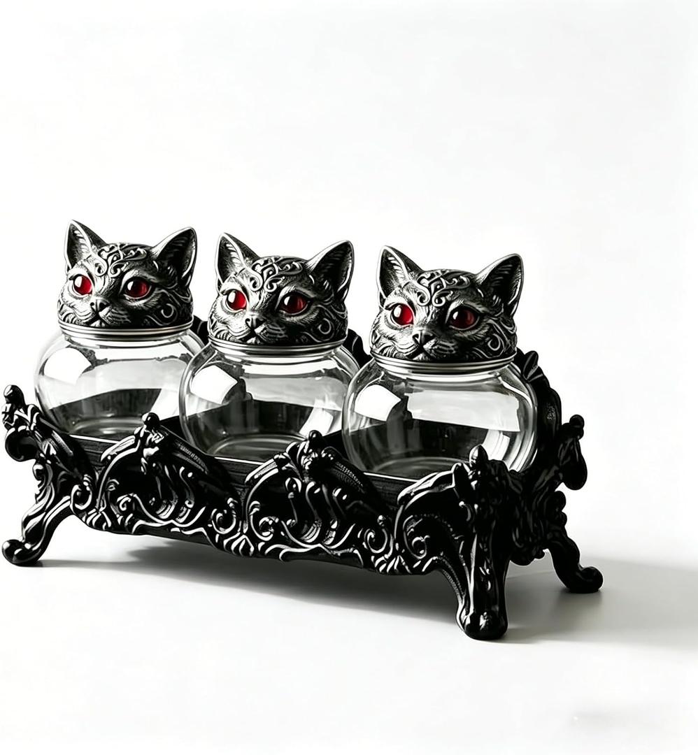 2026 Handcrafted Witchy Cat Apothecary Spice Jars, 3-Piece Set with Cat Lids, Vintage Witchcore Kitchen Decor for Salt, Pepper, Herbs, and Tea Leaves