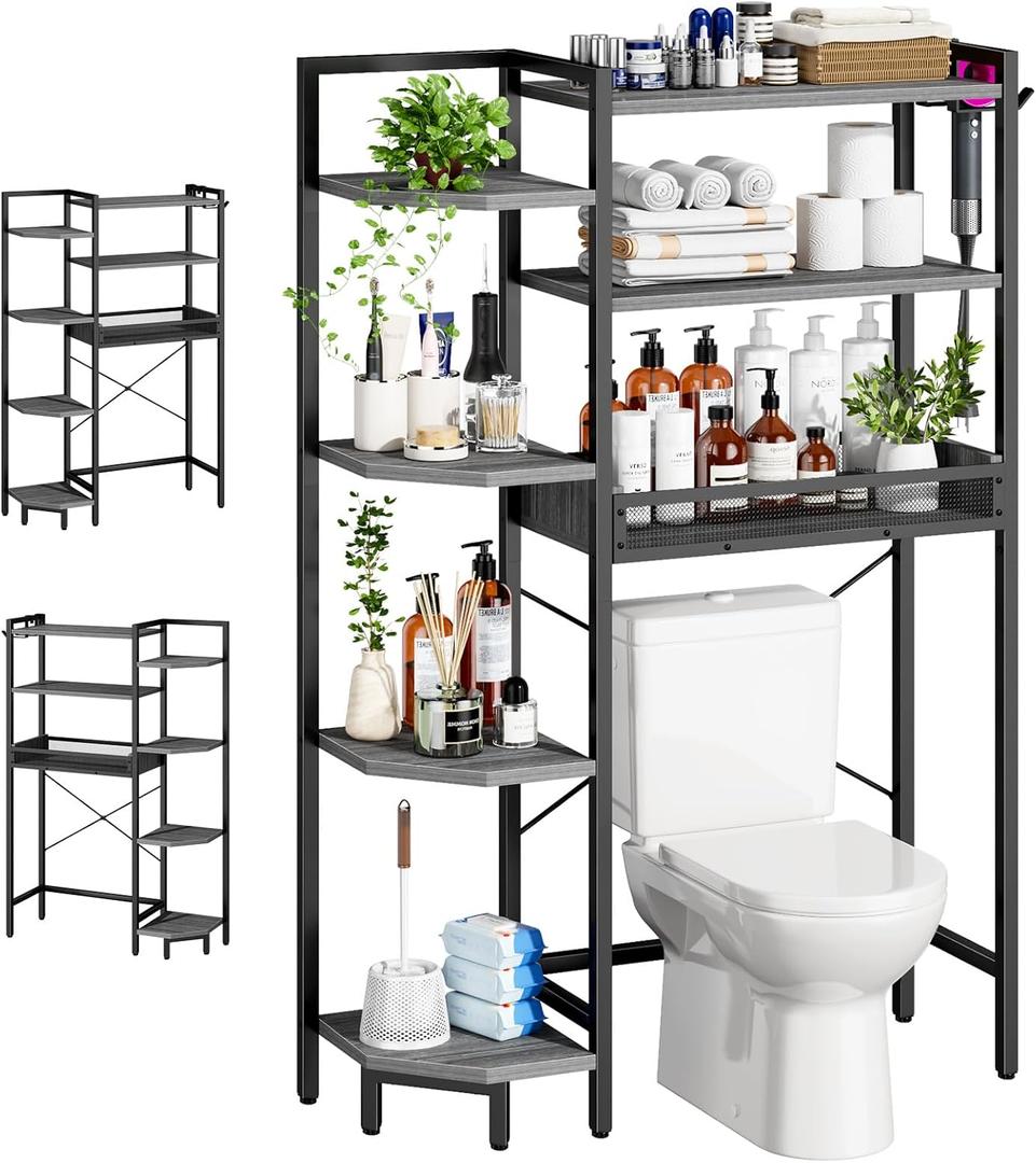 K1 Heavy Duty 7-Tier Over The Toilet Storagewith Basket and Paper Hook Freestanding Above Toilet Shelf with Adjustable FeetSpace Saver Bathroom Shelves 9.3" D x 33.5" W x 63.8" H,Grey