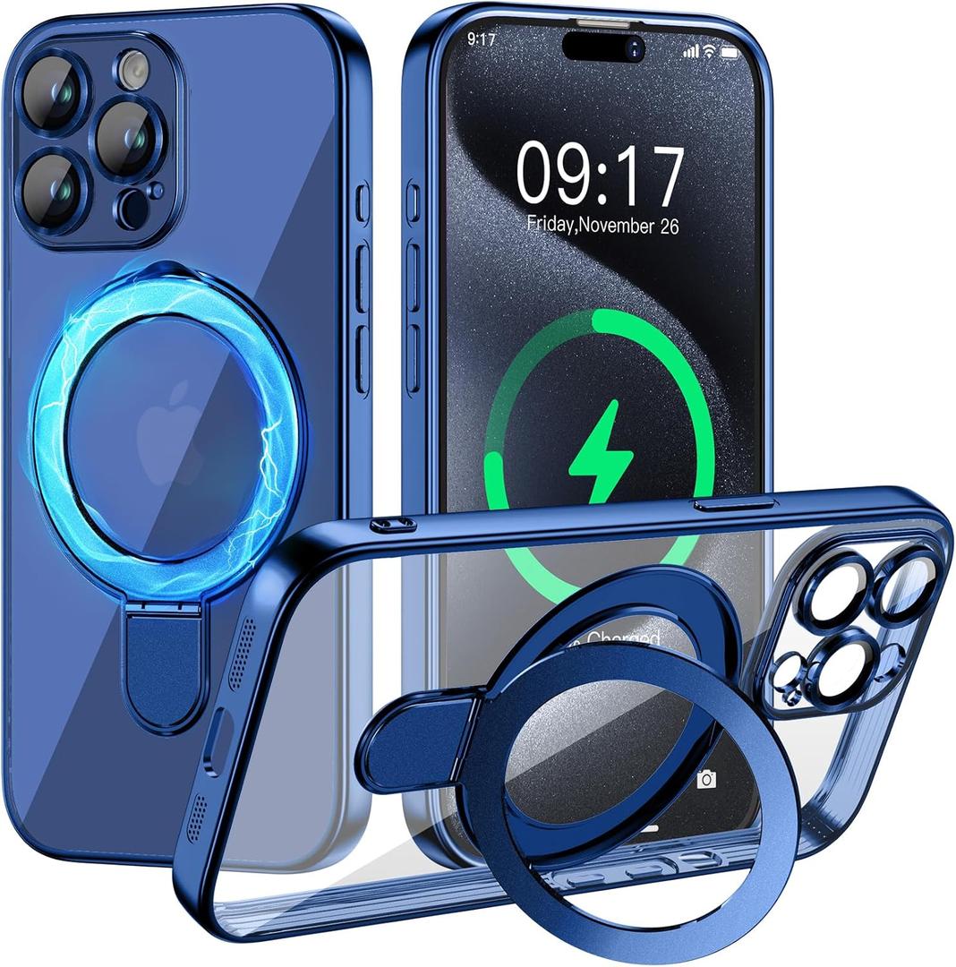 Magnetic for iPhone 15 Pro Case with Invisible Stand[Compatible with MagSafe][Full Camera Lens Protector] Shockproof Not Yellowing Clear Slim Soft for Women Men