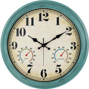 zyzamay 16 Inch Green Vintage Indoor/Outdoor Wall Clock with Thermometer & Hygrometer & Waterproof, Large Silent Sweep Numerals, Perfect for Porch, Garden, Pool