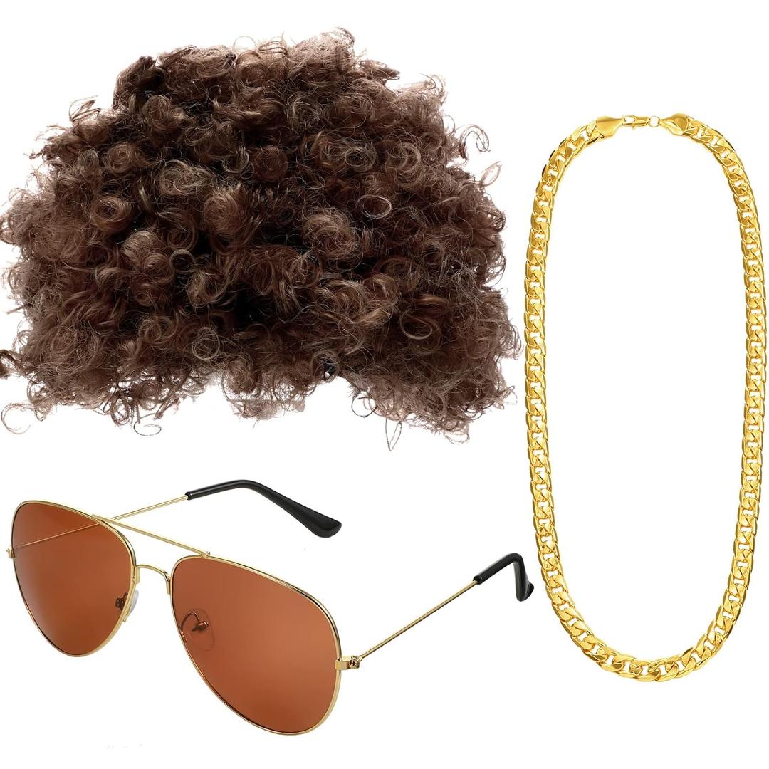 Gejoy Hippie Disco Costume Men Set Disco Wig Afro Headgear Gold Celebrity Sunglasses Funky Faux Chain for 50/60/70s Party Accessories(Brown Hair)