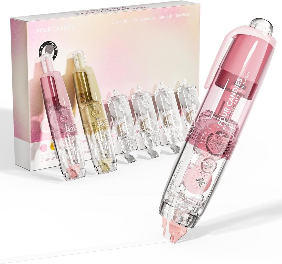 Four Candies Refillable Retractable White Correction Tape, 2PCS White Cute Smooth Push Pull Out Tape with 4 Extra Refills, Aesthetic Pen Shaped Applicator for School Office Supplies (Pink Apricot)