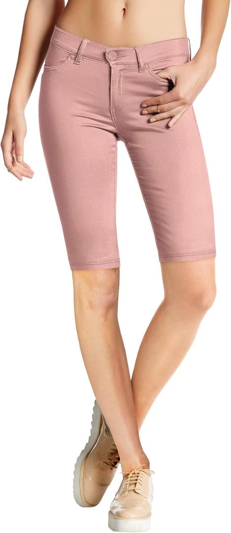 Hybrid & Company Women's Ultra Stretch Perfectly Shaping Mid Rise Skinny Bermuda Shorts with Pockets (Pink)