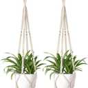 Mkono Macrame Plant Hanger Indoor Hanging Planter Basket with Wood Beads Decorative Flower Pot Holder No Tassels for Indoor Outdoor Boho Home Decor 35 Inch, Ivory, Set of 2 (POTS NOT Included)