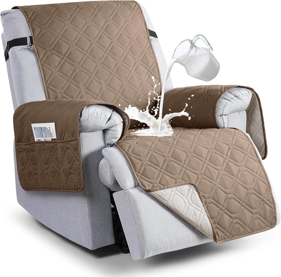 VANSOFY 100% Waterproof Recliner Chair Covers, Recliner Cover Non-Slip Dog Chair Cover Furniture Protector Washable Slipcover with Pocket, Elastic Straps for Pets, Dogs(Light Brown, 22")