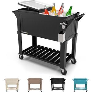 Permasteel 80-Qt Antique Patio Cooler for Outside | Outdoor Beverage Cooler Bar Cart, Rolling Cooler with Wheels and Handles, Wooden Teak Accent, Black