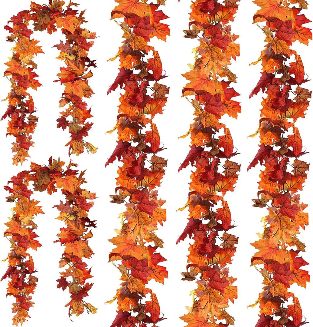 CQURE 5 Pack Fall Leaf Garland, Total 29.5Ft Artificial Fall Vines Autumn Garland Fall Maple Leaves Thanksgiving Decor for Home Wedding Fireplace Christmas (Yellow)