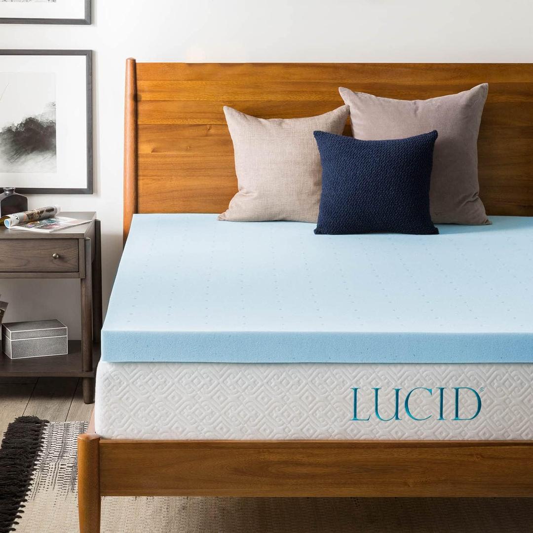 Lucid 3 Inch Mattress Topper King - Gel Infused Memory Foam  Memory Foam Mattress Topper King  Ventilated Design  CertiPur Certified, Light Blue