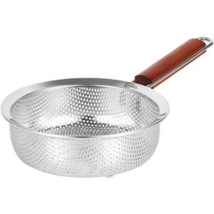 Stainless Steel 304 Strainer Scoop with Wooden Handle, Self-Draining Solid Base - Ideal for Kitchen, Pasta, Fruit, and Vegetables - 7.1in