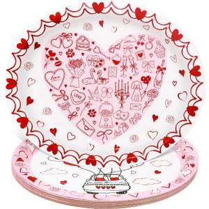 WorldBazaar Mother's Day Oval Paper Plates 24Pcs Disposable Red Pink Heart Love Paper Platters Love Theme Dessert Plates Wedding Anniversary Birthday Party Decor