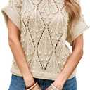 Cakulo Short Sleeve Summer Crochet Sweaters for Women Lightweight 2025 Boho Crop Tops Knit Pullover Sweater (Small, Apricot)