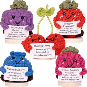 Flirty Berry Pack  Crochet Stuffed Berries Bulk Variety Pack w/Stand (5 pc). Handmade Crochet Figurines Decor - Desk, Office, Coworker, Friend