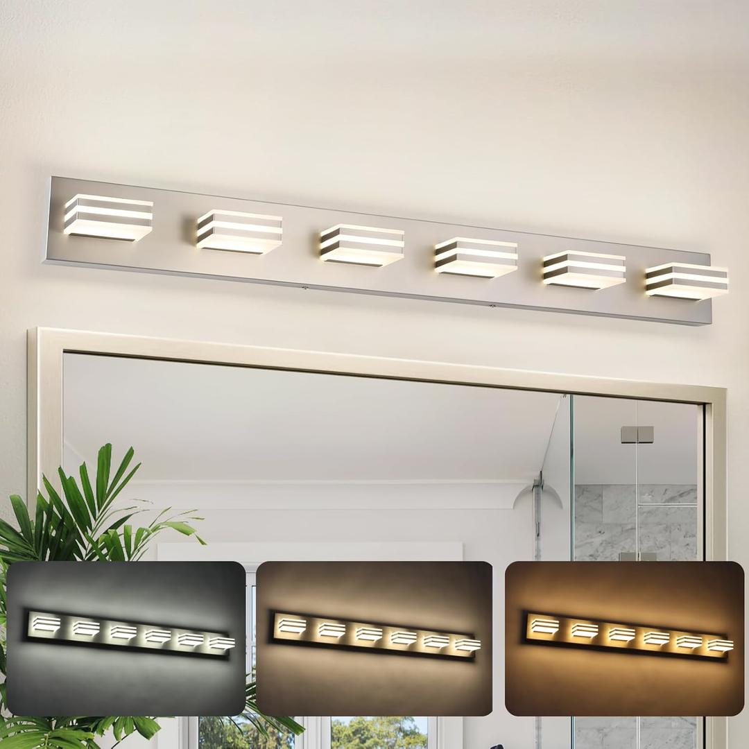 yumcrelect LED Wall Brushed Nickel Vanity Lights for Bathroom Light Fixtures 36W Adjust 3 Colors Modern Bath Lighing Over Mirror LED Vanity Light (6-Light,41inch)