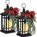 Tuanse 2 Pcs Christmas Decorative Lanterns Black Metal Christmas Party Hanging Candle Lantern Vintage Flameless Decorative Lanterns with LED Lights for Indoor Outdoor Home Table Porch