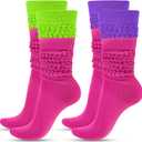JenPen 2 Pairs Neon Slouch Socks for Women 80s 90s Scrunch Socks Soft Extra Long Size 9 to 10 (Medium-Large, Rose Red, Fluorescent Green, Purple)