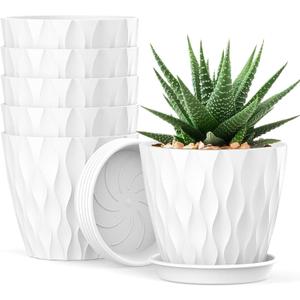 4 Inch Small Pots for Plants, 6 Pack Waffle Texture Small Plant Pots for Succulents, Plastic Planter with Drainage Holes and Saucers for Indoor Outdoor Plants, Flowers, Herbs, Seedlings, White